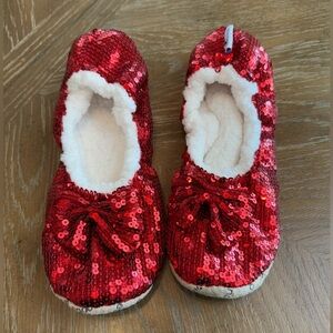 Snoozie Red Sequin Slippers with Bow Sherpa